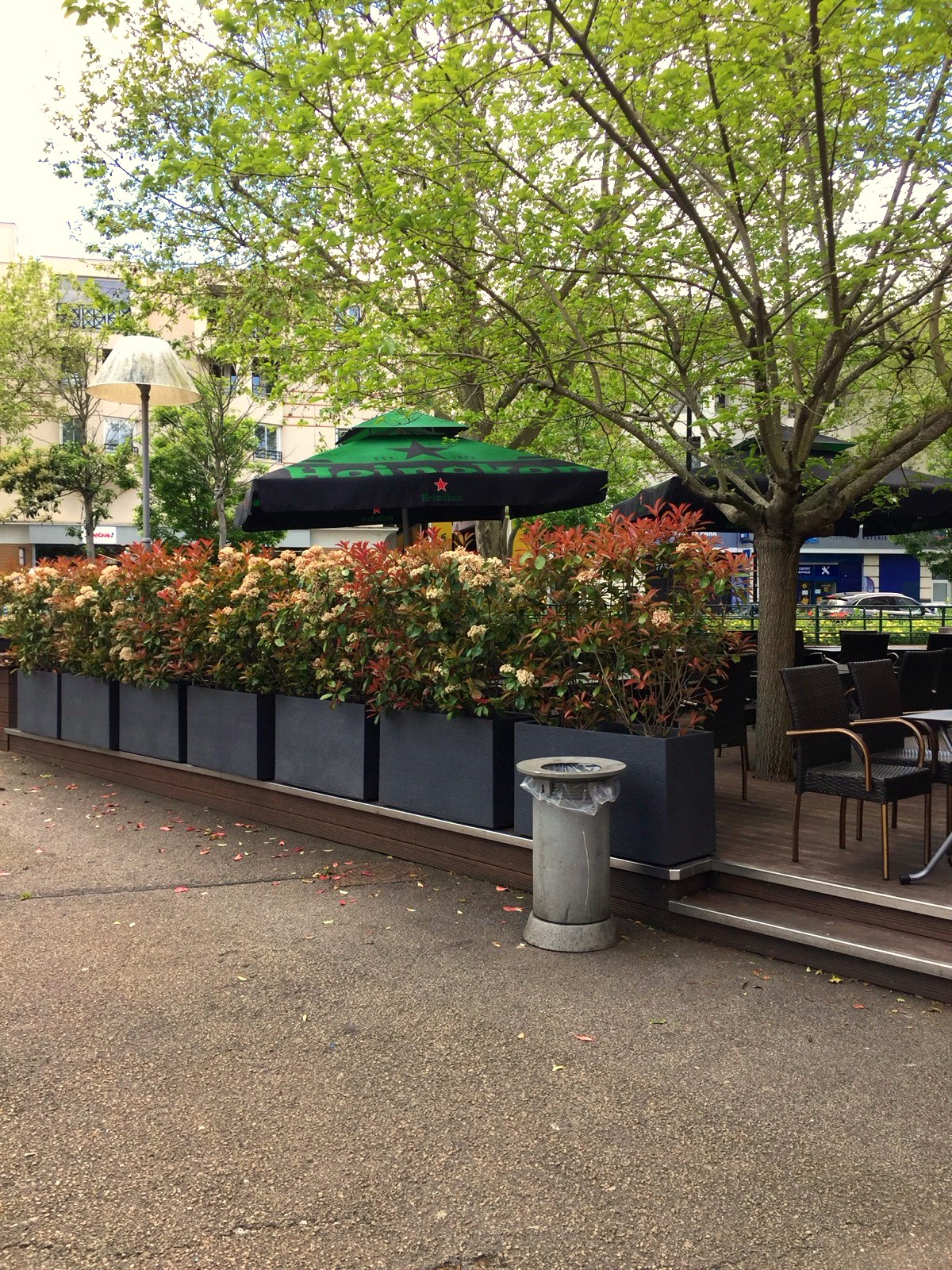 Coin de la terrasse à l'ombre des arbres, parasol vert et massif fleuri